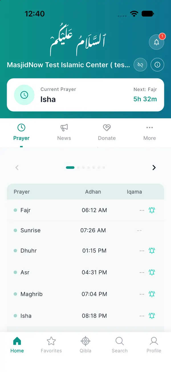 MasjidNow app showing today's prayer times and iqama for a local masjid